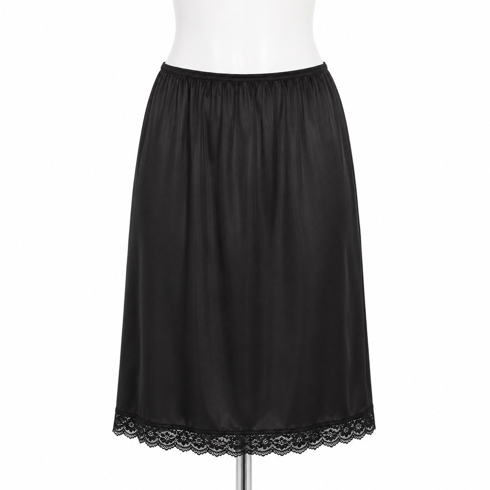 Vintage Lorraine Black Nylon Half Slip Tall‎ M Lace Hem Coquette Balletcore USA